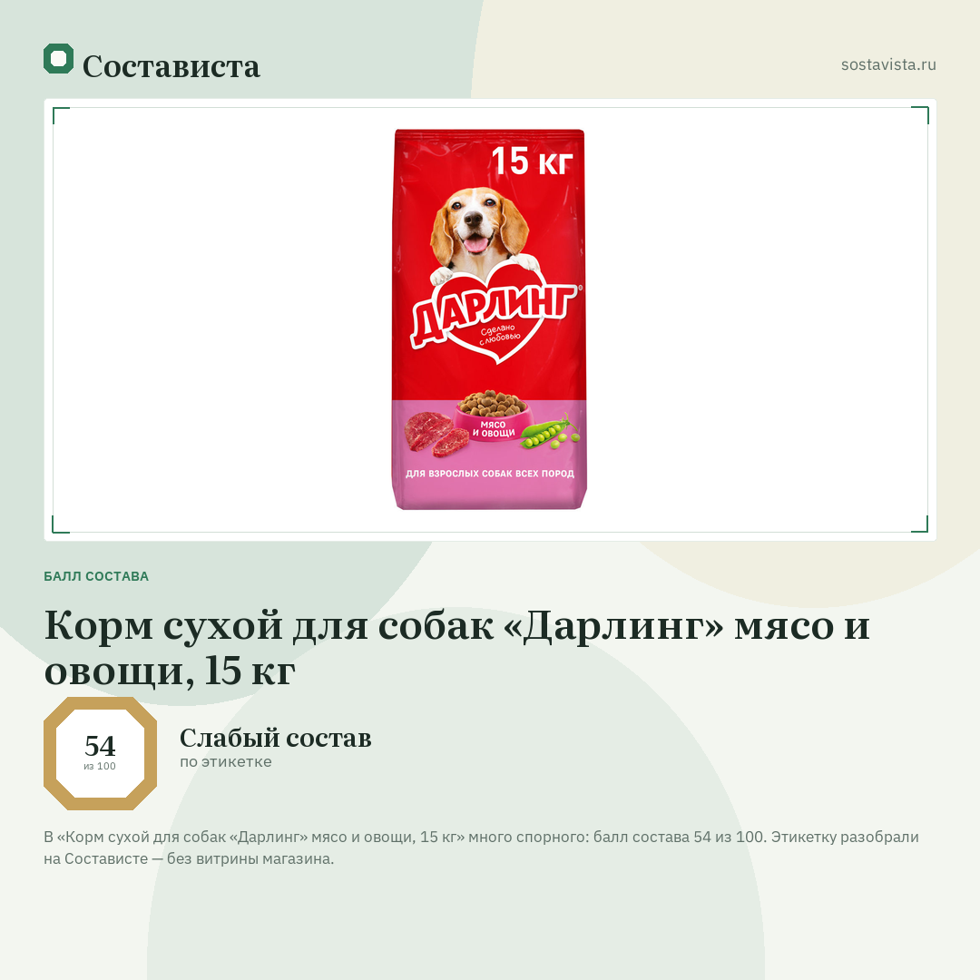 Корм сухой для собак «Дарлинг» мясо и овощи, 15 кг: балл состава 54 из 100 — Состависта