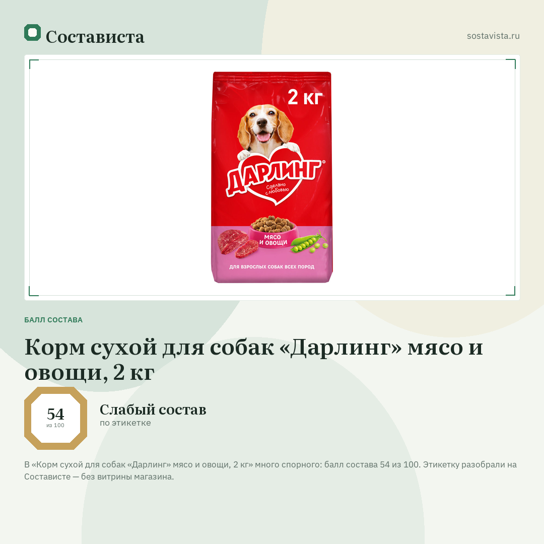 Корм сухой для собак «Дарлинг» мясо и овощи, 2 кг: балл состава 54 из 100 — Состависта