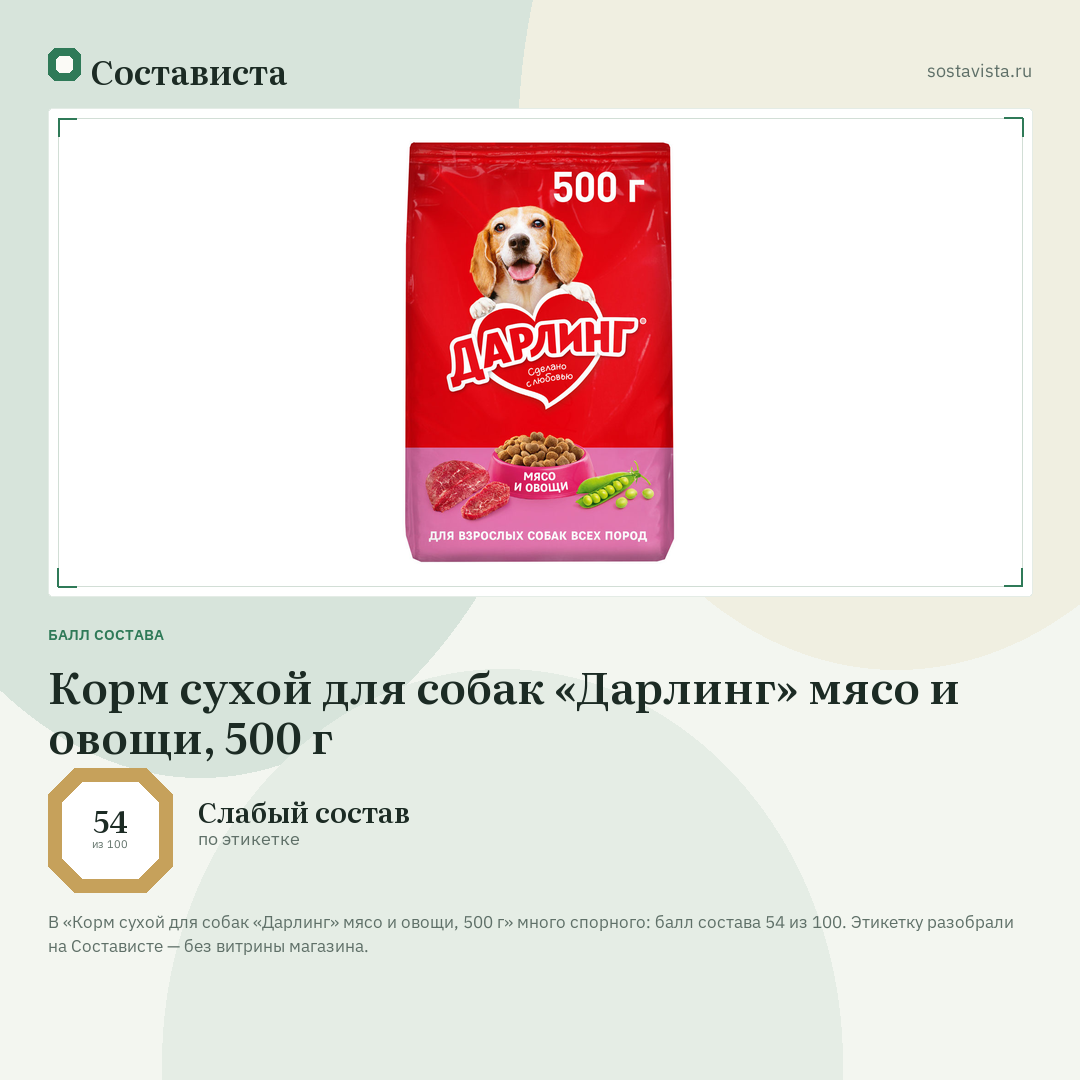 Корм сухой для собак «Дарлинг» мясо и овощи, 500 г: балл состава 54 из 100 — Состависта