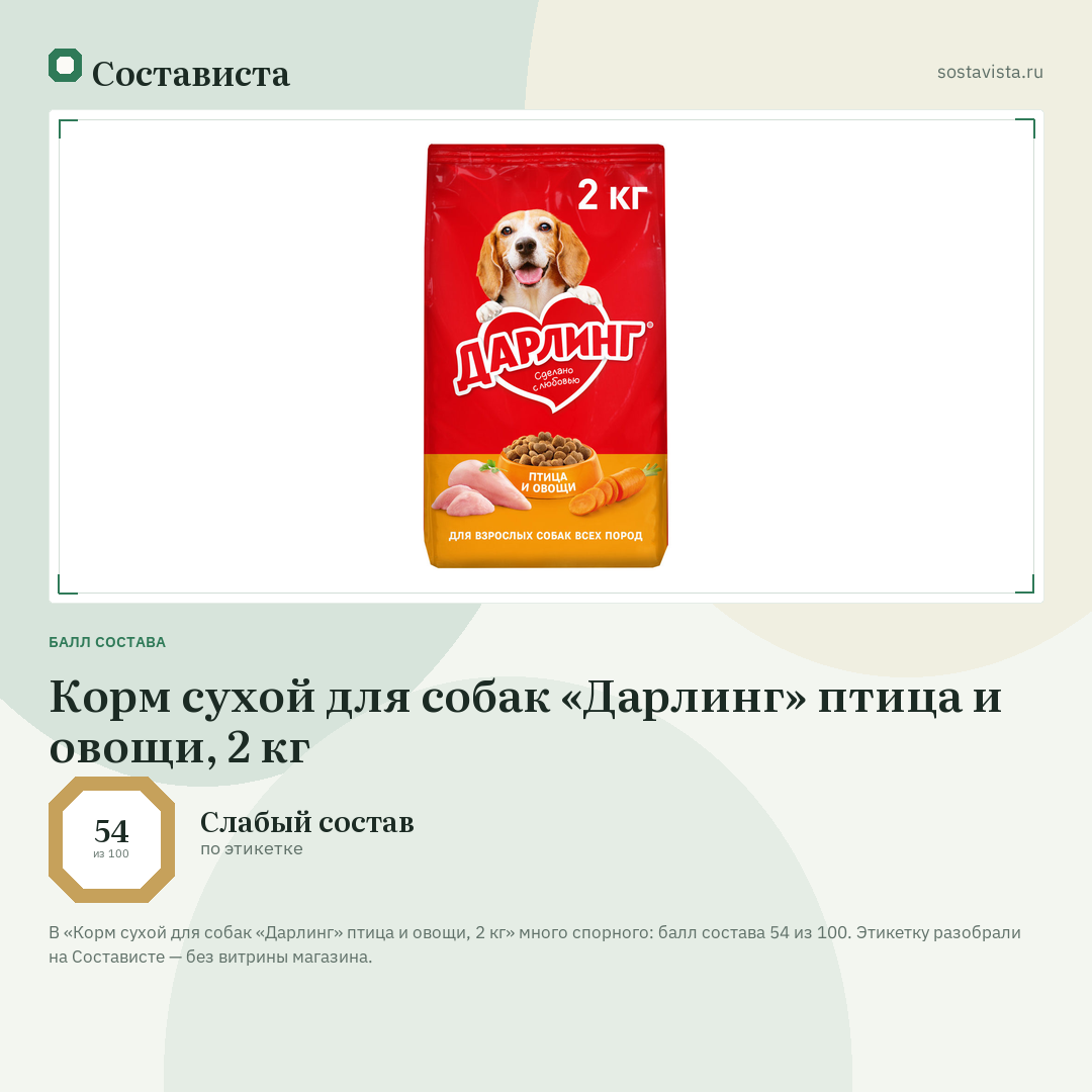 Корм сухой для собак «Дарлинг» птица и овощи, 2 кг: балл состава 54 из 100 — Состависта