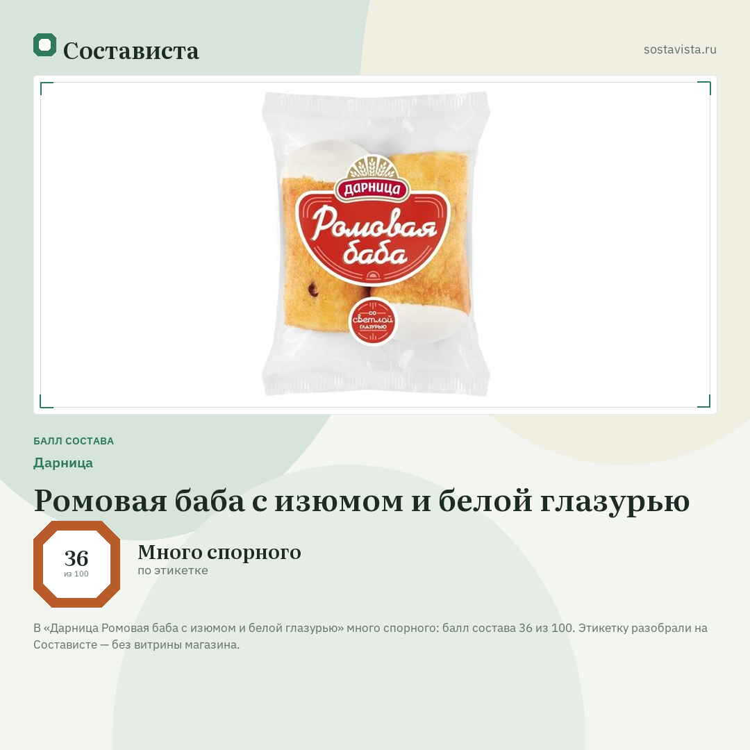 Дарница Ромовая баба с изюмом и белой глазурью: балл состава 36 из 100 — Состависта