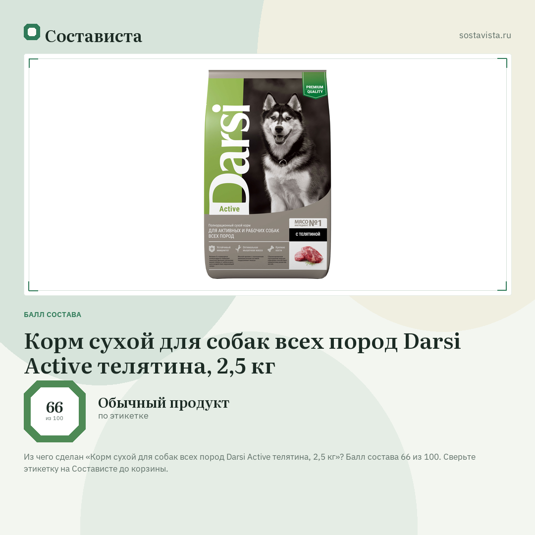 Корм сухой для собак всех пород Darsi Active телятина, 2,5 кг: балл состава 66 из 100 — Состависта