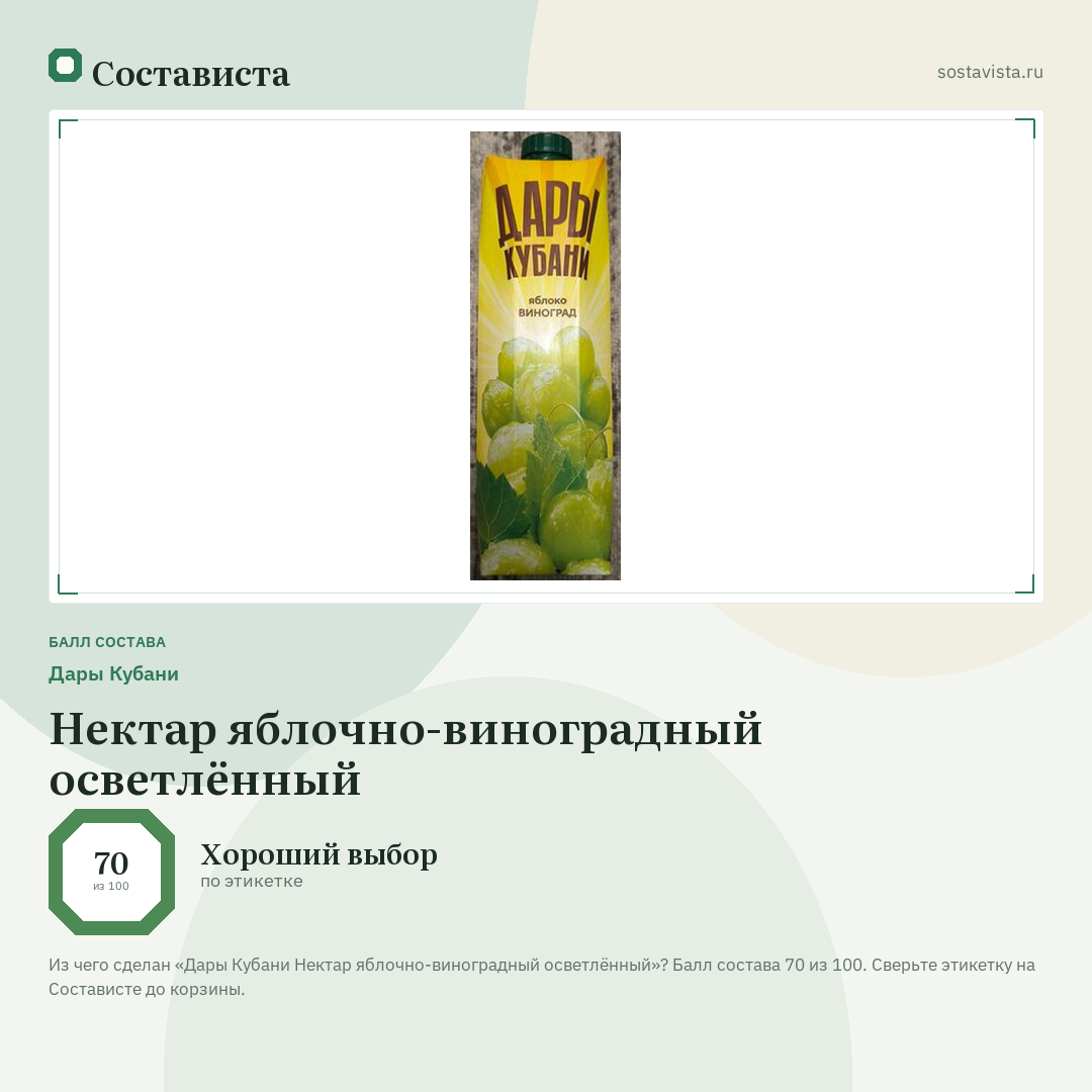 Дары Кубани Нектар яблочно-виноградный осветлённый: балл состава 70 из 100 — Состависта