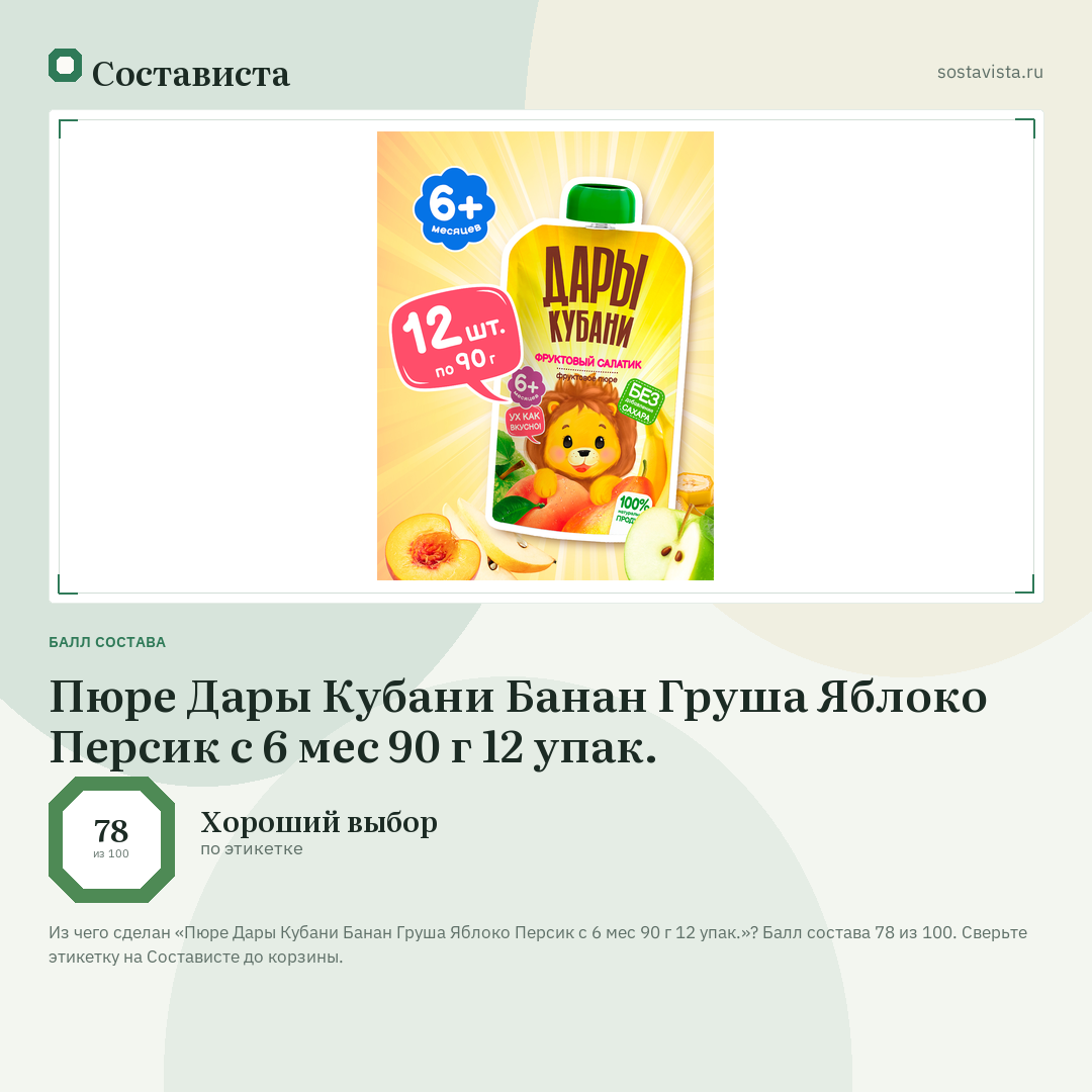 Пюре Дары Кубани Банан Груша Яблоко Персик с 6 мес 90 г 12 упак.: балл состава 78 из 100 — Состависта