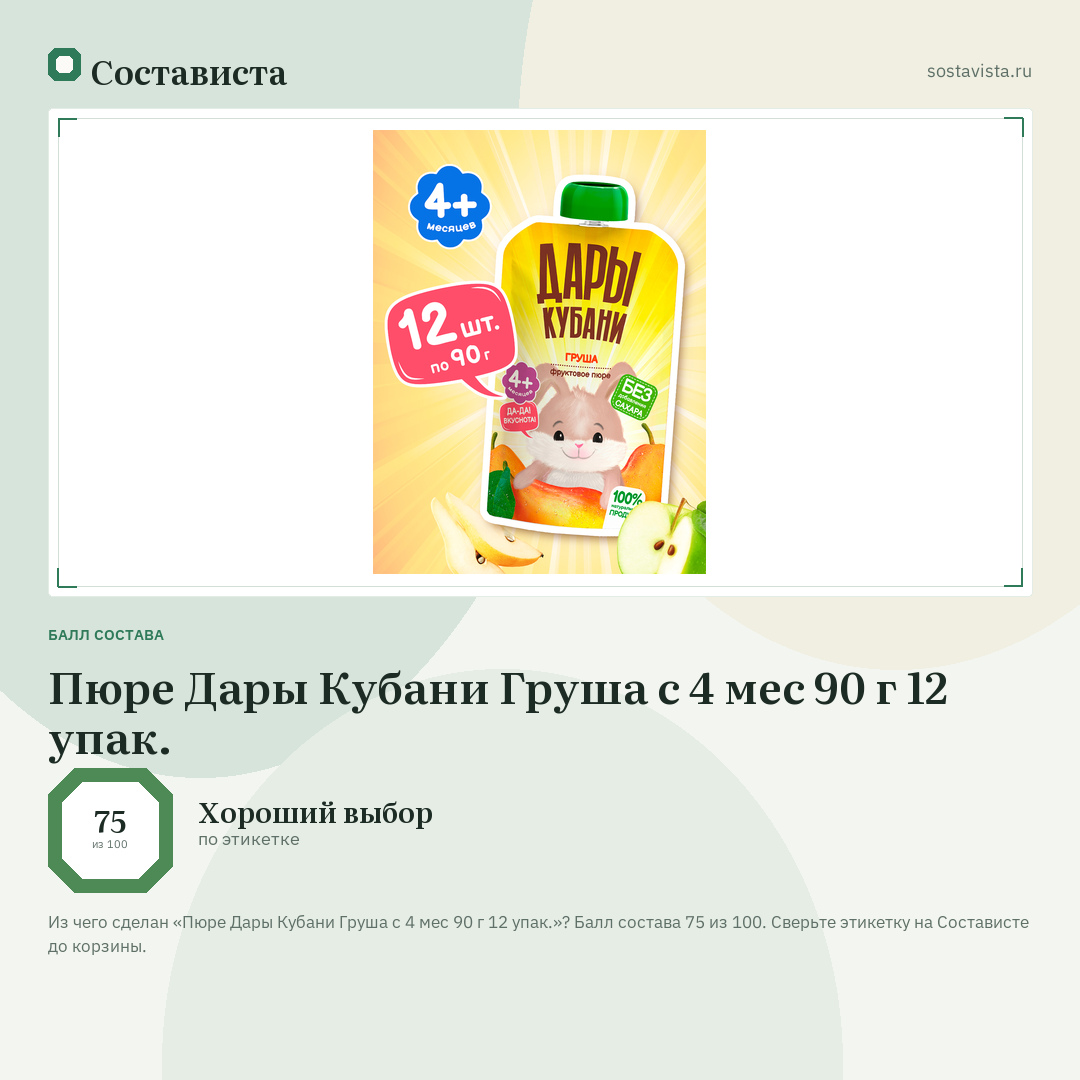 Пюре Дары Кубани Груша с 4 мес 90 г 12 упак.: балл состава 75 из 100 — Состависта