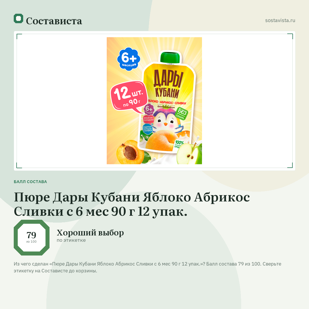 Пюре Дары Кубани Яблоко Абрикос Сливки с 6 мес 90 г 12 упак.: балл состава 79 из 100 — Состависта