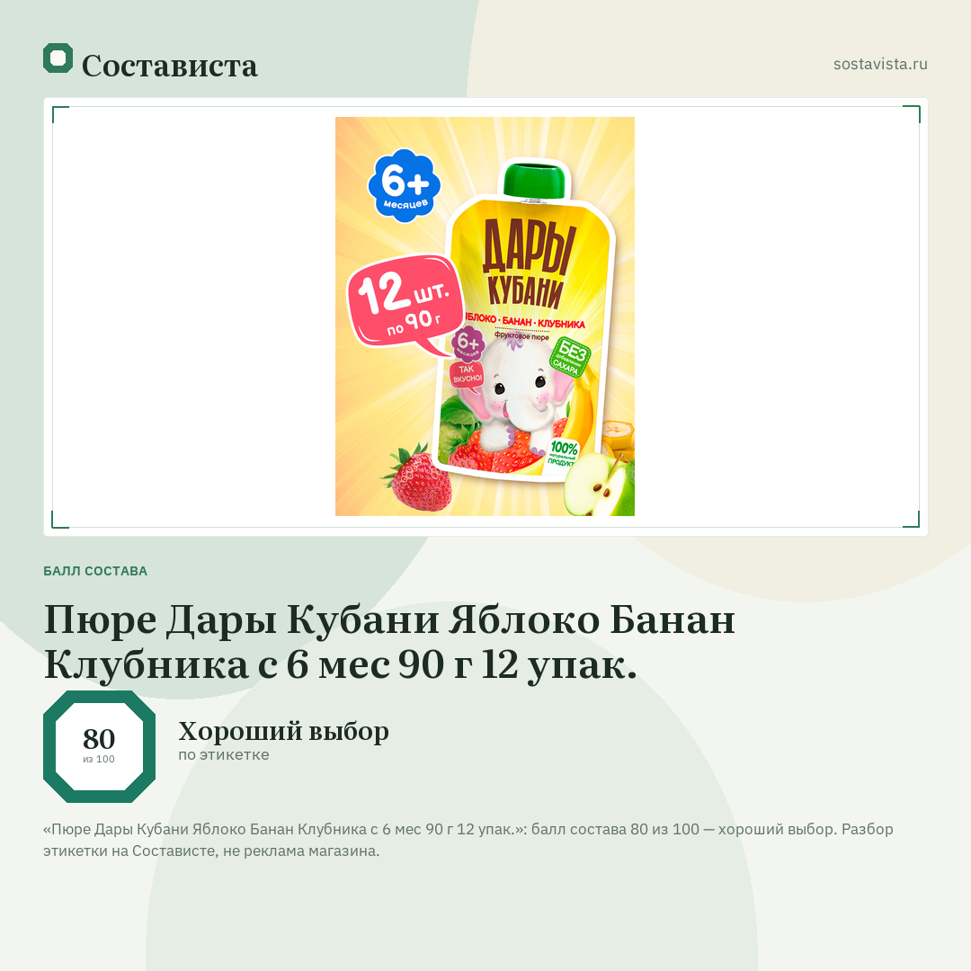 Пюре Дары Кубани Яблоко Банан Клубника с 6 мес 90 г 12 упак.: балл состава 80 из 100 — Состависта