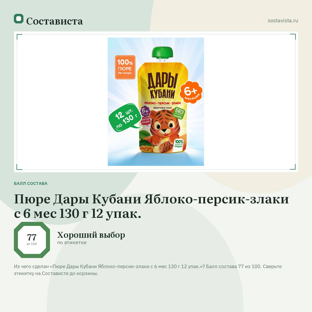 Пюре Дары Кубани Яблоко-персик-злаки с 6 мес 130 г 12 упак.: балл состава 77 из 100 — Состависта