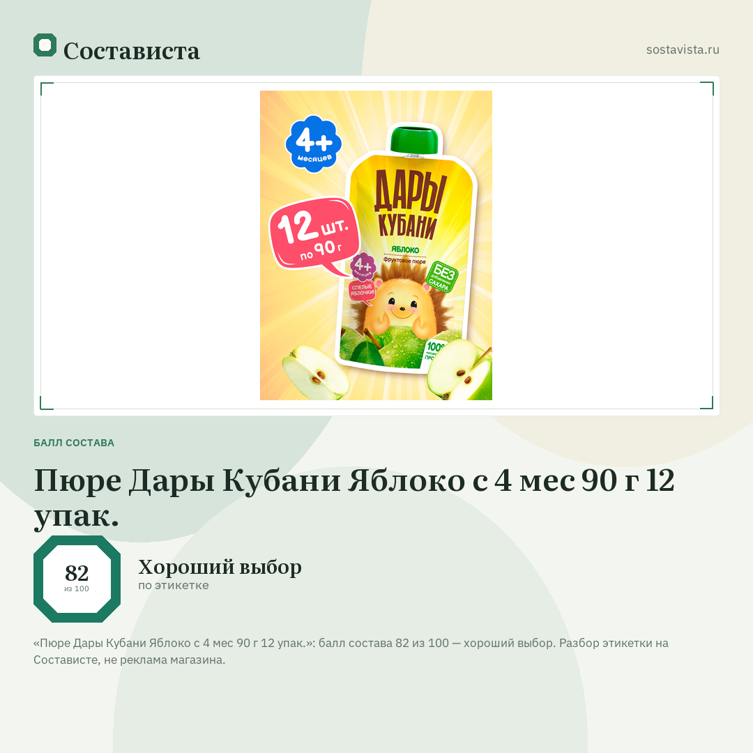 Пюре Дары Кубани Яблоко с 4 мес 90 г 12 упак.: балл состава 82 из 100 — Состависта
