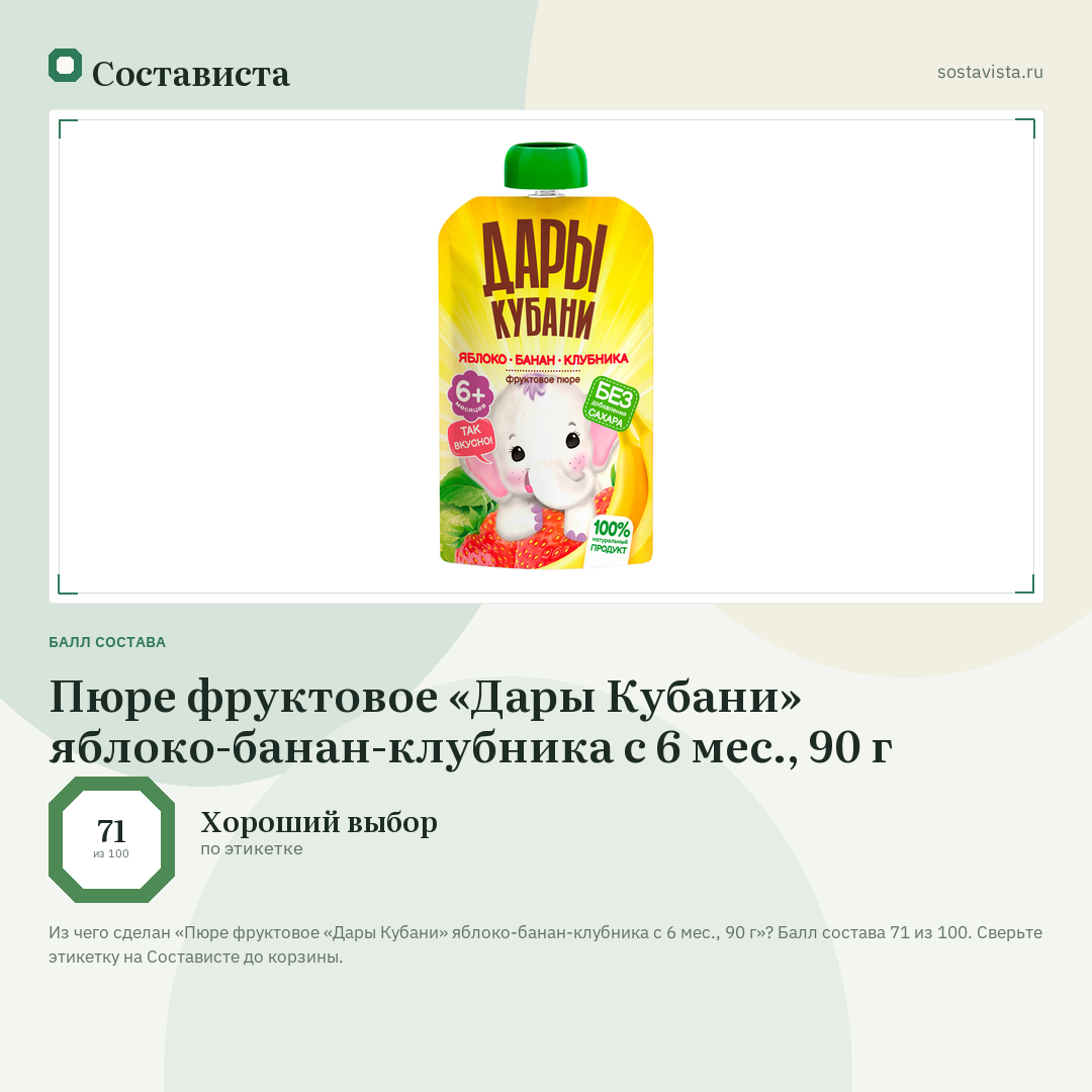 Пюре фруктовое «Дары Кубани» яблоко-банан-клубника с 6 мес., 90 г: балл состава 71 из 100 — Состависта