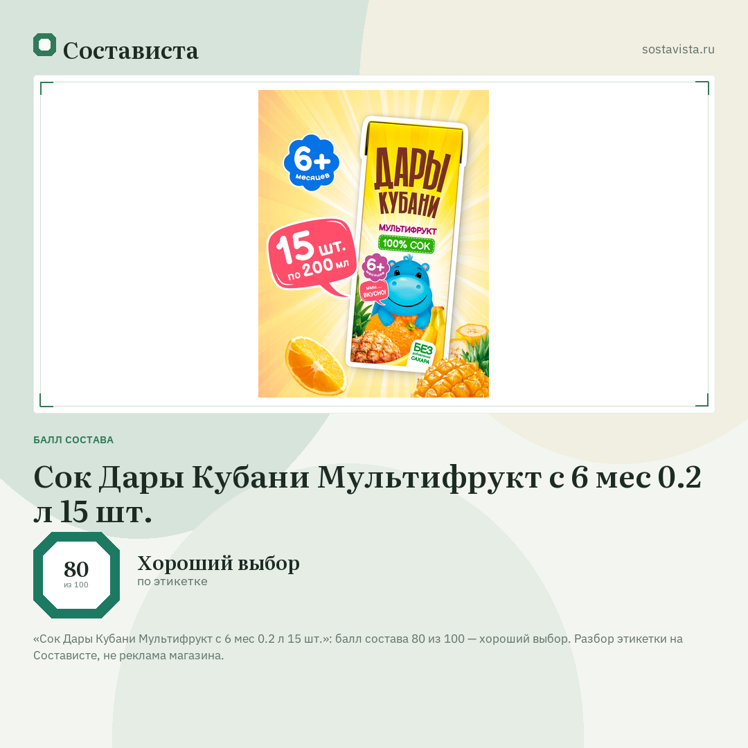 Сок Дары Кубани Мультифрукт с 6 мес 0.2 л 15 шт.: балл состава 80 из 100 — Состависта
