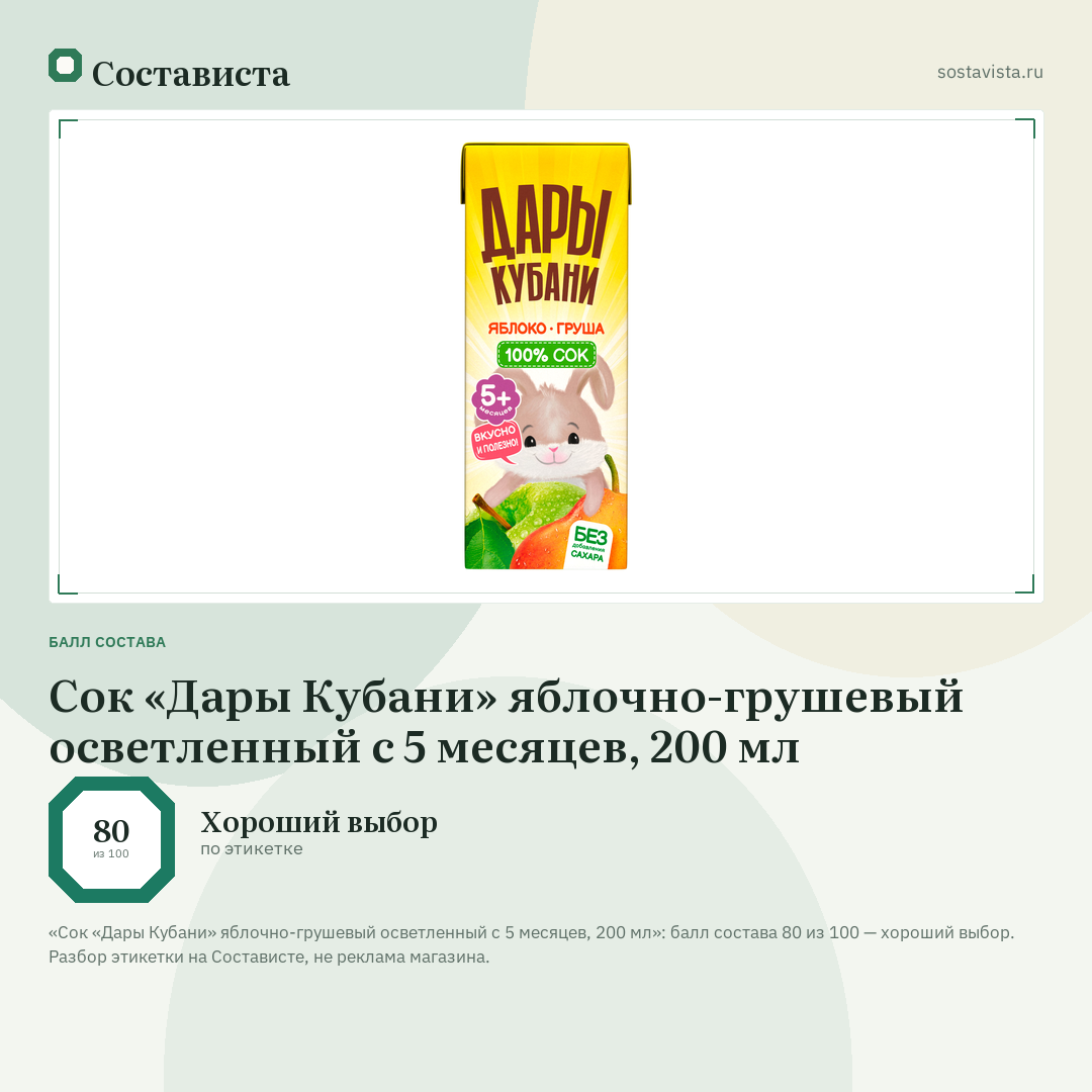 Сок «Дары Кубани» яблочно-грушевый осветленный с 5 месяцев, 200 мл: балл состава 80 из 100 — Состависта