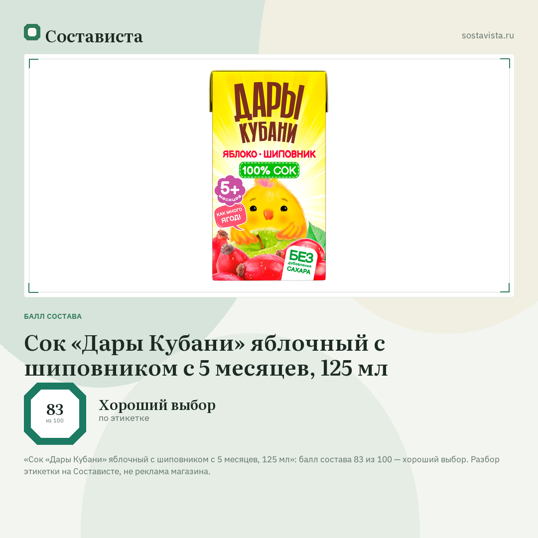 Сок «Дары Кубани» яблочный с шиповником с 5 месяцев, 125 мл: балл состава 83 из 100 — Состависта