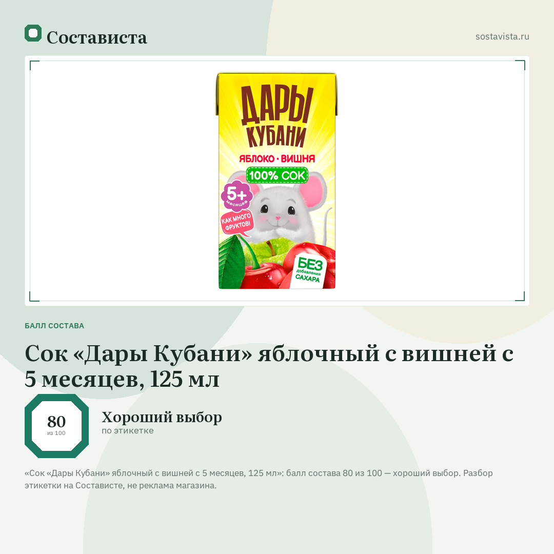 Сок «Дары Кубани» яблочный с вишней с 5 месяцев, 125 мл: балл состава 80 из 100 — Состависта