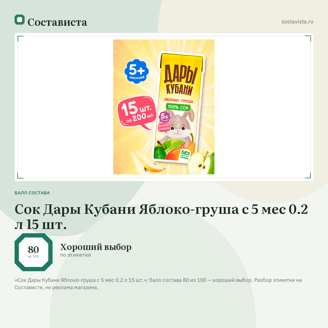 Сок Дары Кубани Яблоко-груша с 5 мес 0.2 л 15 шт.: балл состава 80 из 100 — Состависта