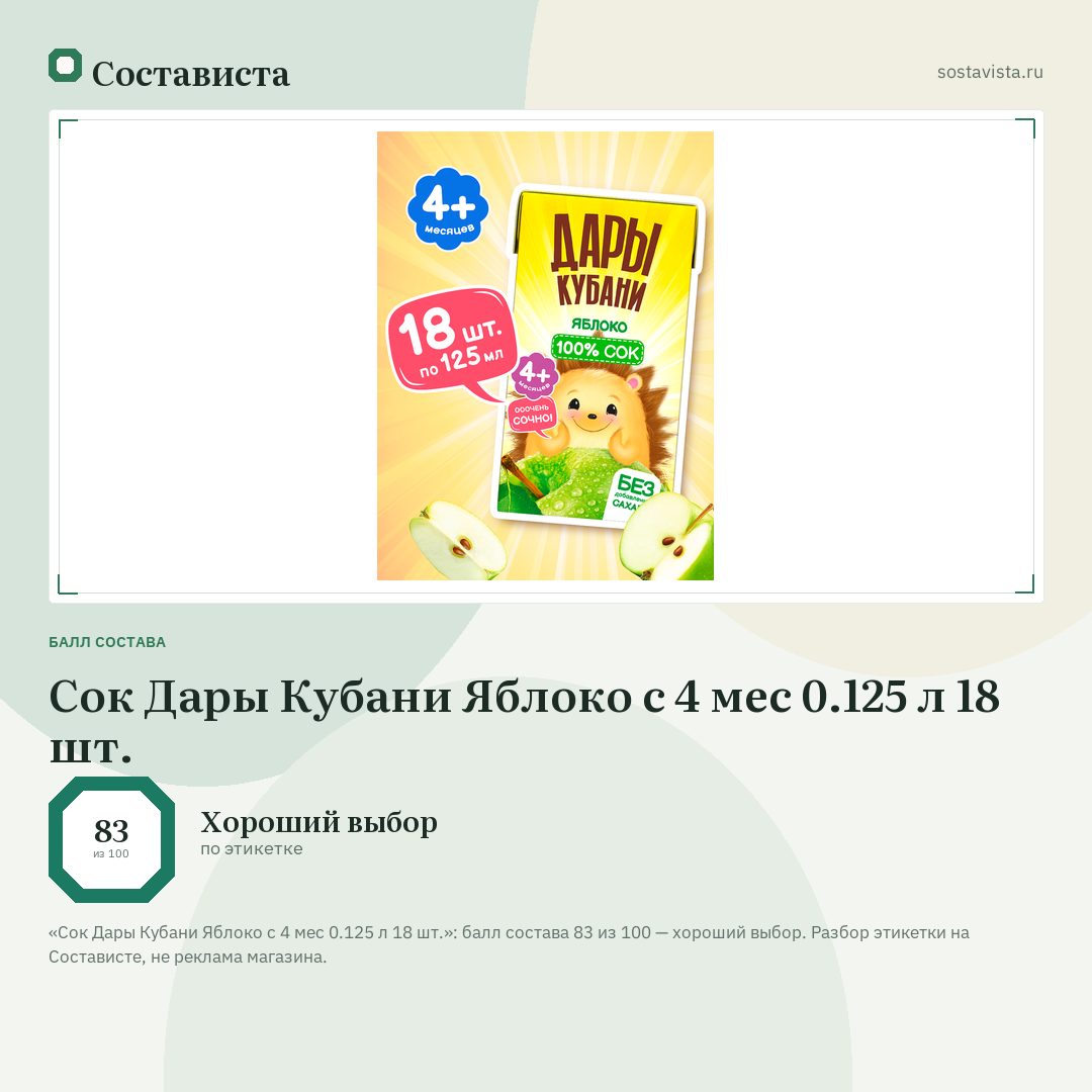 Сок Дары Кубани Яблоко с 4 мес 0.125 л 18 шт.: балл состава 83 из 100 — Состависта