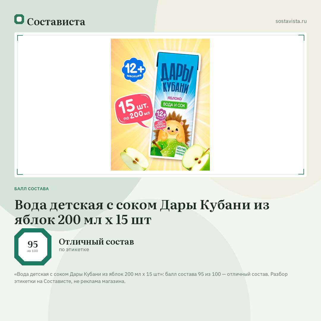 Вода детская с соком Дары Кубани из яблок 200 мл х 15 шт: балл состава 95 из 100 — Состависта