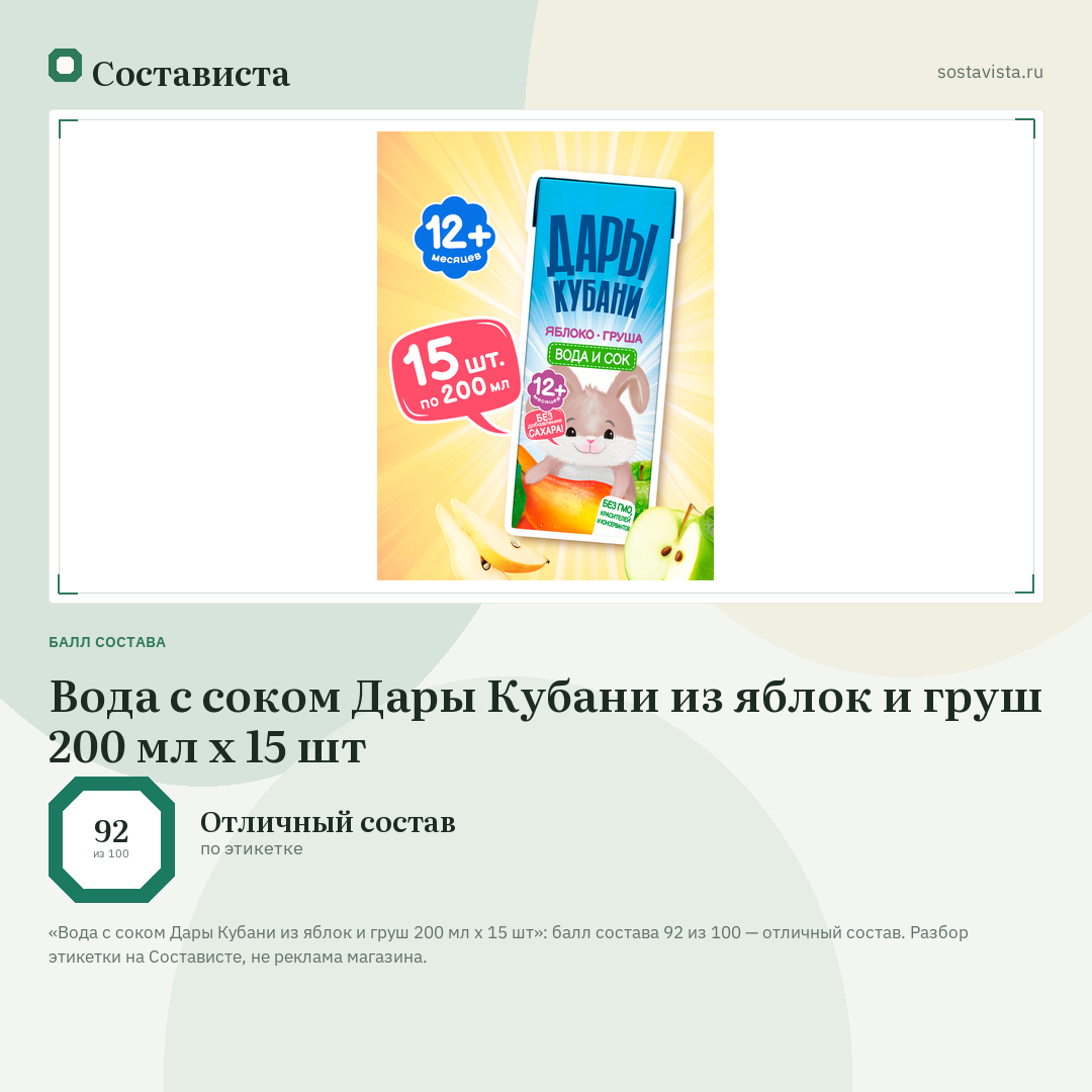 Вода с соком Дары Кубани из яблок и груш 200 мл х 15 шт: балл состава 92 из 100 — Состависта