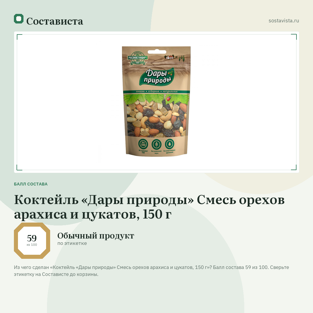 Коктейль «Дары природы» Смесь орехов арахиса и цукатов, 150 г: балл состава 59 из 100 — Состависта