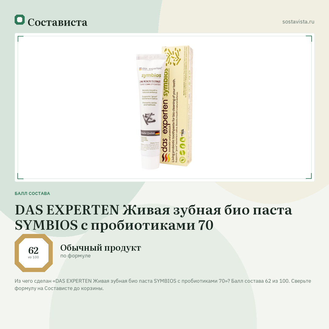 DAS EXPERTEN Живая зубная био паста SYMBIOS с пробиотиками 70: балл состава 62 из 100 — Состависта