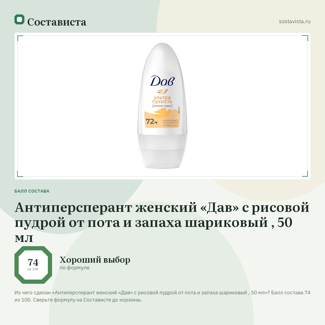 Антиперсперант женский «Дав» с рисовой пудрой от пота и запаха шариковый , 50 мл: балл состава 74 из 100 — Состависта