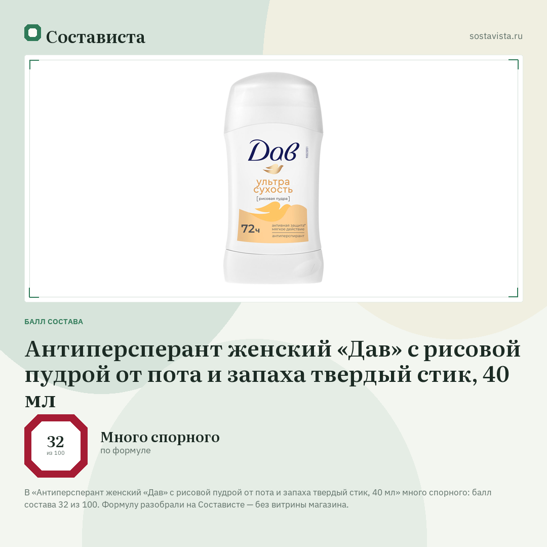 Антиперсперант женский «Дав» с рисовой пудрой от пота и запаха твердый стик, 40 мл: балл состава 32 из 100 — Состависта