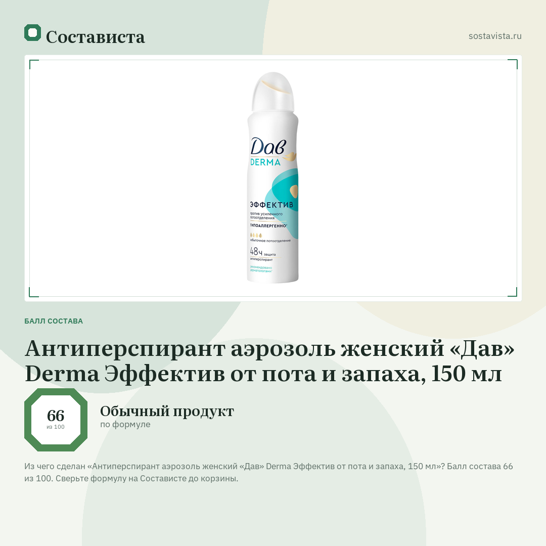 Антиперспирант аэрозоль женский «Дав» Derma Эффектив от пота и запаха, 150 мл: балл состава 66 из 100 — Состависта