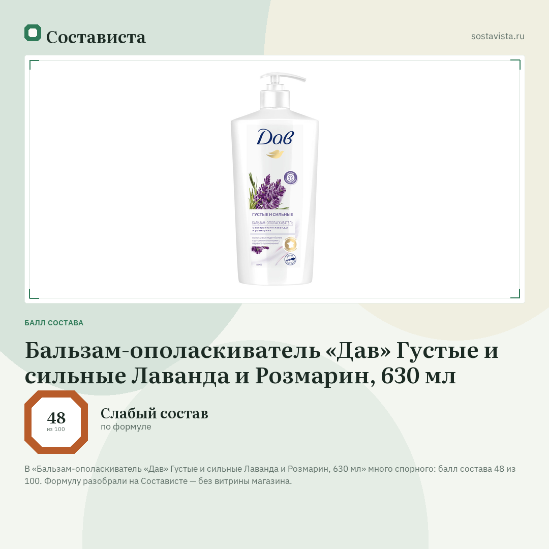 Бальзам-ополаскиватель «Дав» Густые и сильные Лаванда и Розмарин, 630 мл: балл состава 48 из 100 — Состависта