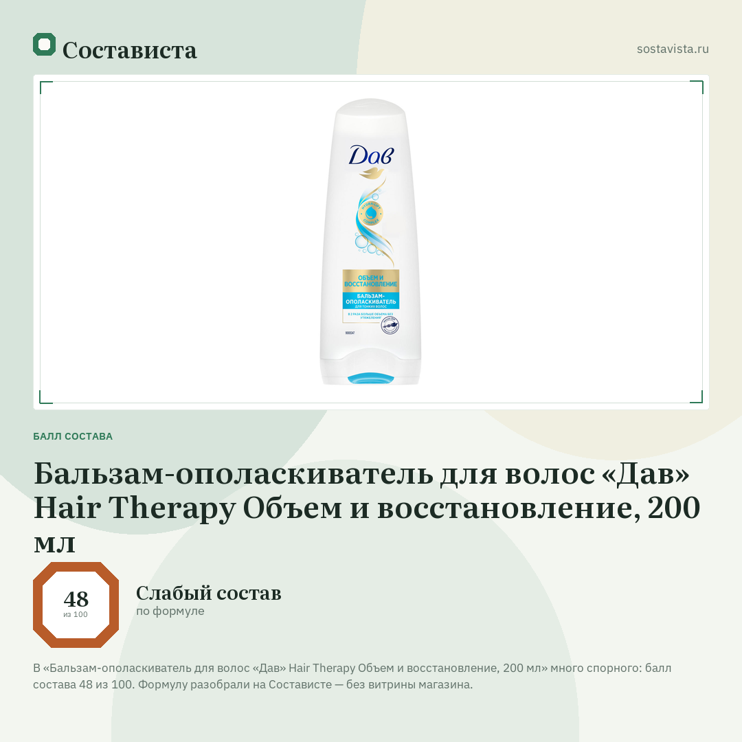 Бальзам-ополаскиватель для волос «Дав» Hair Therapy Объем и восстановление, 200 мл: балл состава 48 из 100 — Состависта