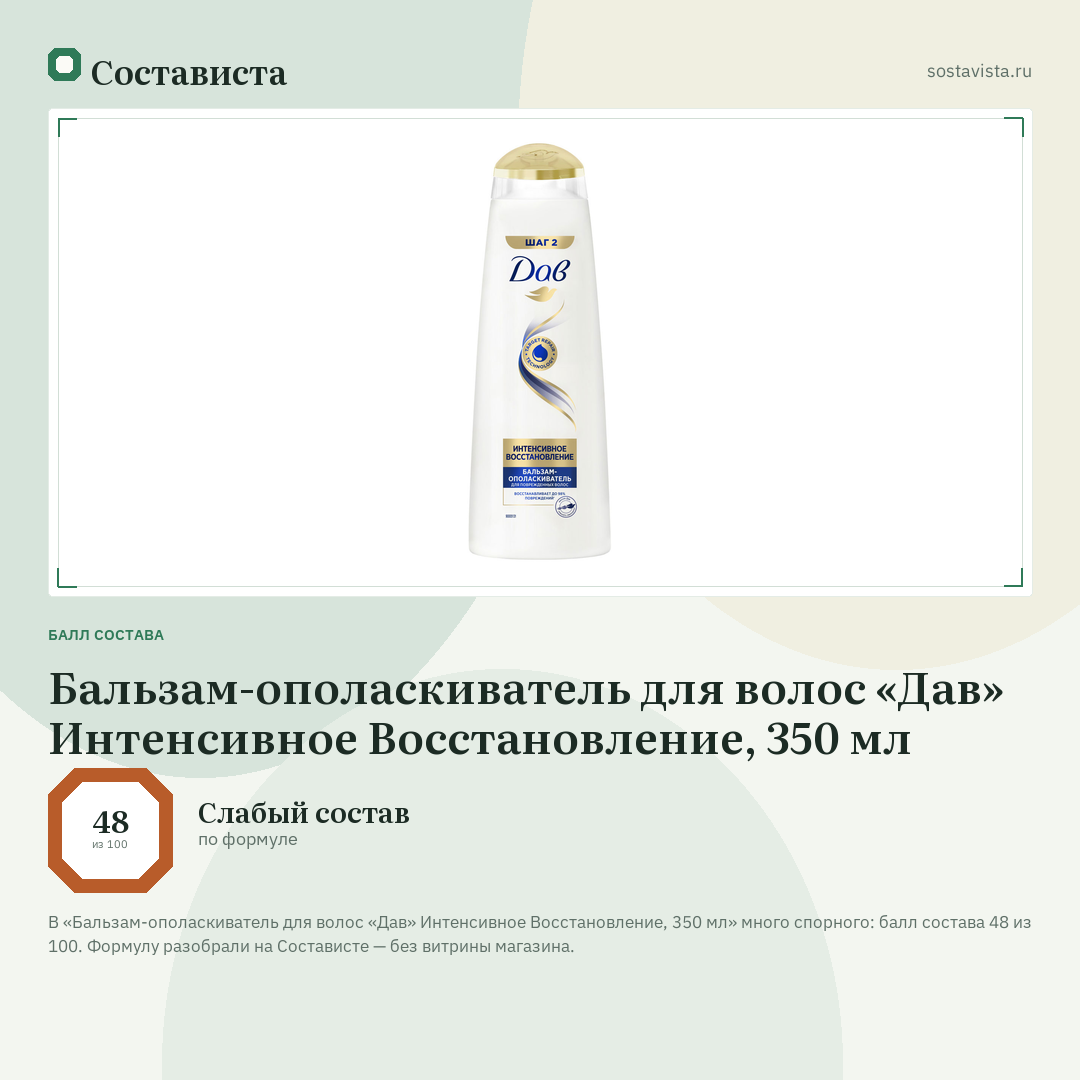Бальзам-ополаскиватель для волос «Дав» Интенсивное Восстановление, 350 мл: балл состава 48 из 100 — Состависта