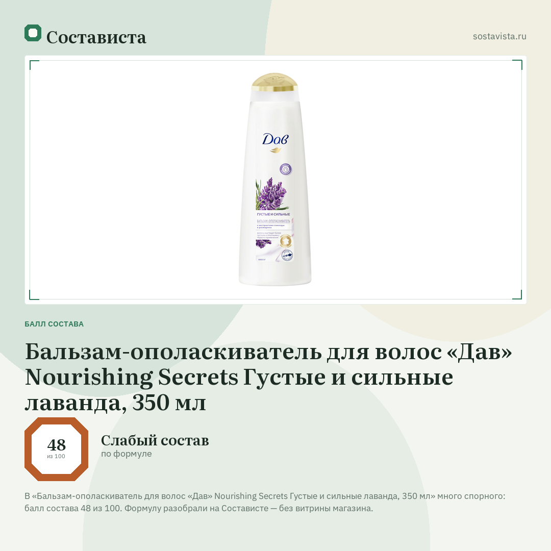 Бальзам-ополаскиватель для волос «Дав» Nourishing Secrets Густые и сильные лаванда, 350 мл: балл состава 48 из 100 — Состависта
