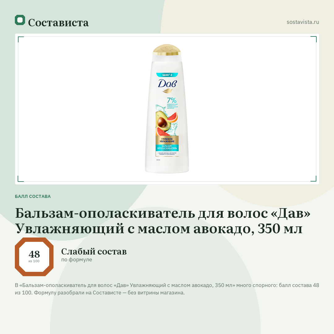 Бальзам-ополаскиватель для волос «Дав» Увлажняющий с маслом авокадо, 350 мл: балл состава 48 из 100 — Состависта