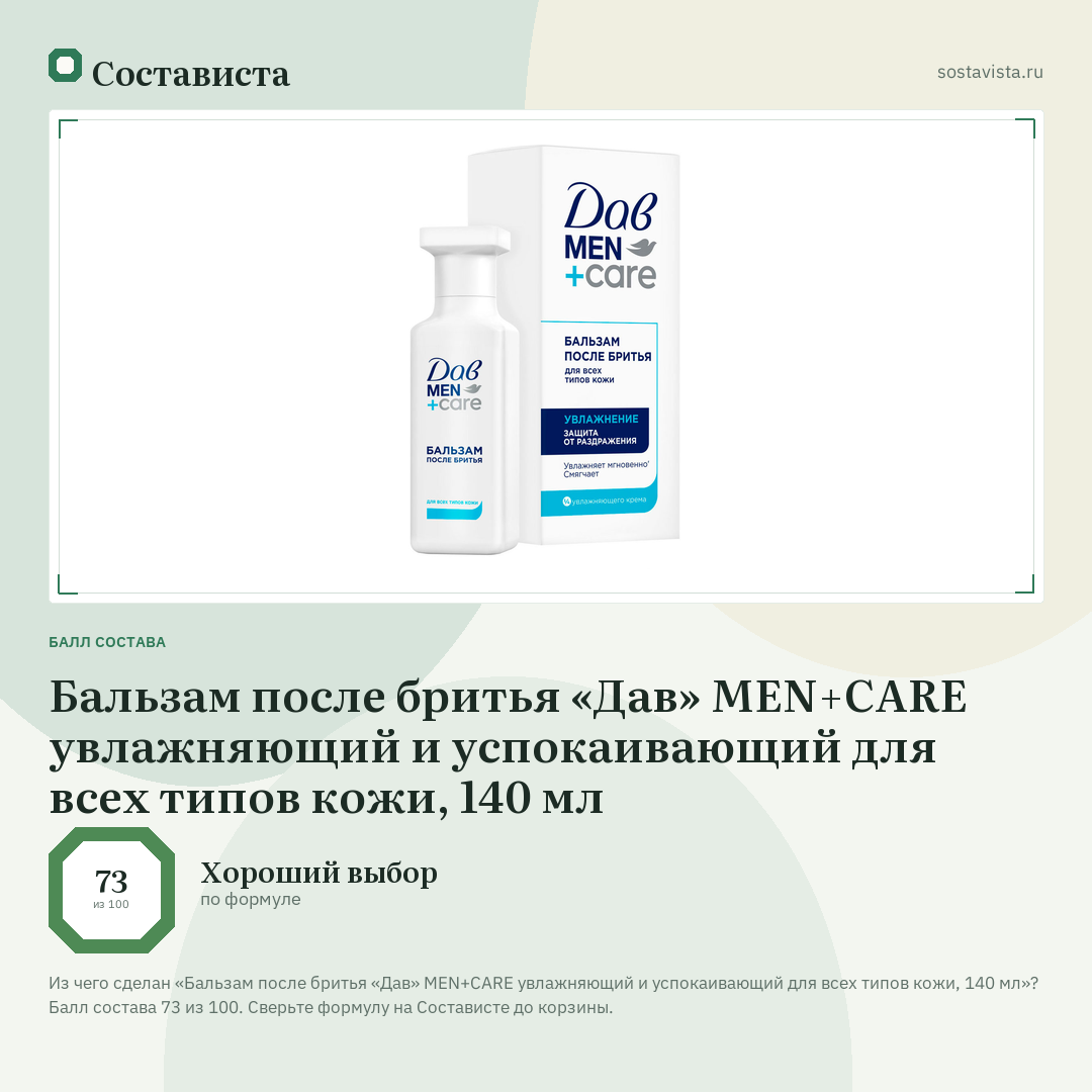 Бальзам после бритья «Дав» MEN+CARE увлажняющий и успокаивающий для всех типов кожи, 140 мл: балл состава 73 из 100 — Состависта