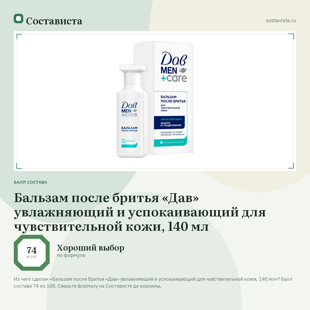 Бальзам после бритья «Дав» увлажняющий и успокаивающий для чувствительной кожи, 140 мл: балл состава 74 из 100 — Состависта