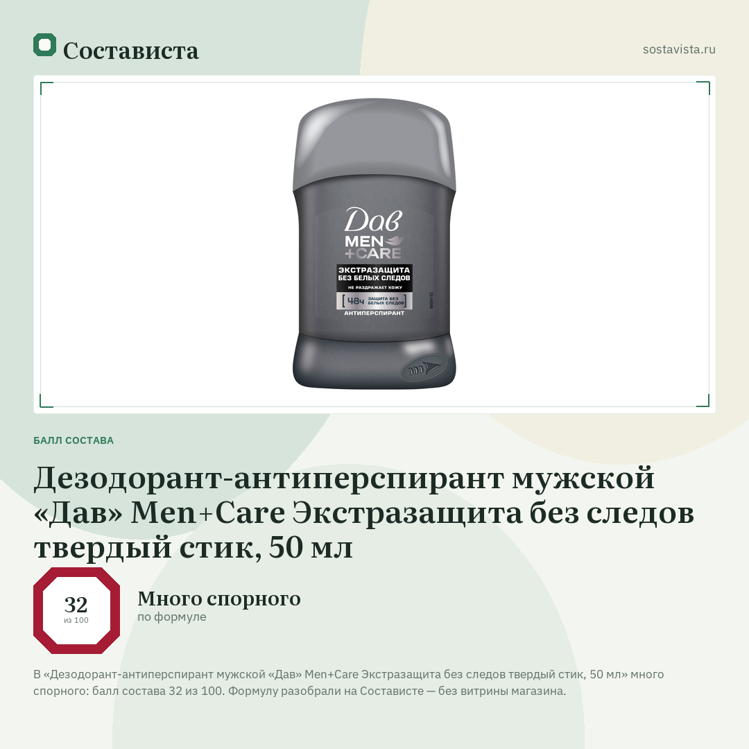 Дезодорант-антиперспирант мужской «Дав» Men+Care Экстразащита без следов твердый стик, 50 мл: балл состава 32 из 100 — Состависта
