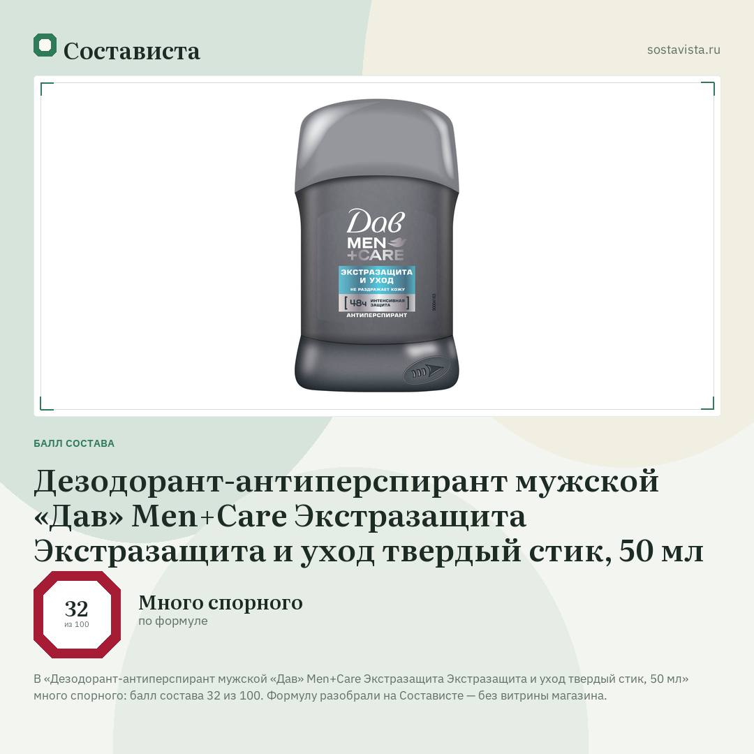 Дезодорант-антиперспирант мужской «Дав» Men+Care Экстразащита Экстразащита и уход твердый стик, 50 мл: балл состава 32 из 100 — Состависта