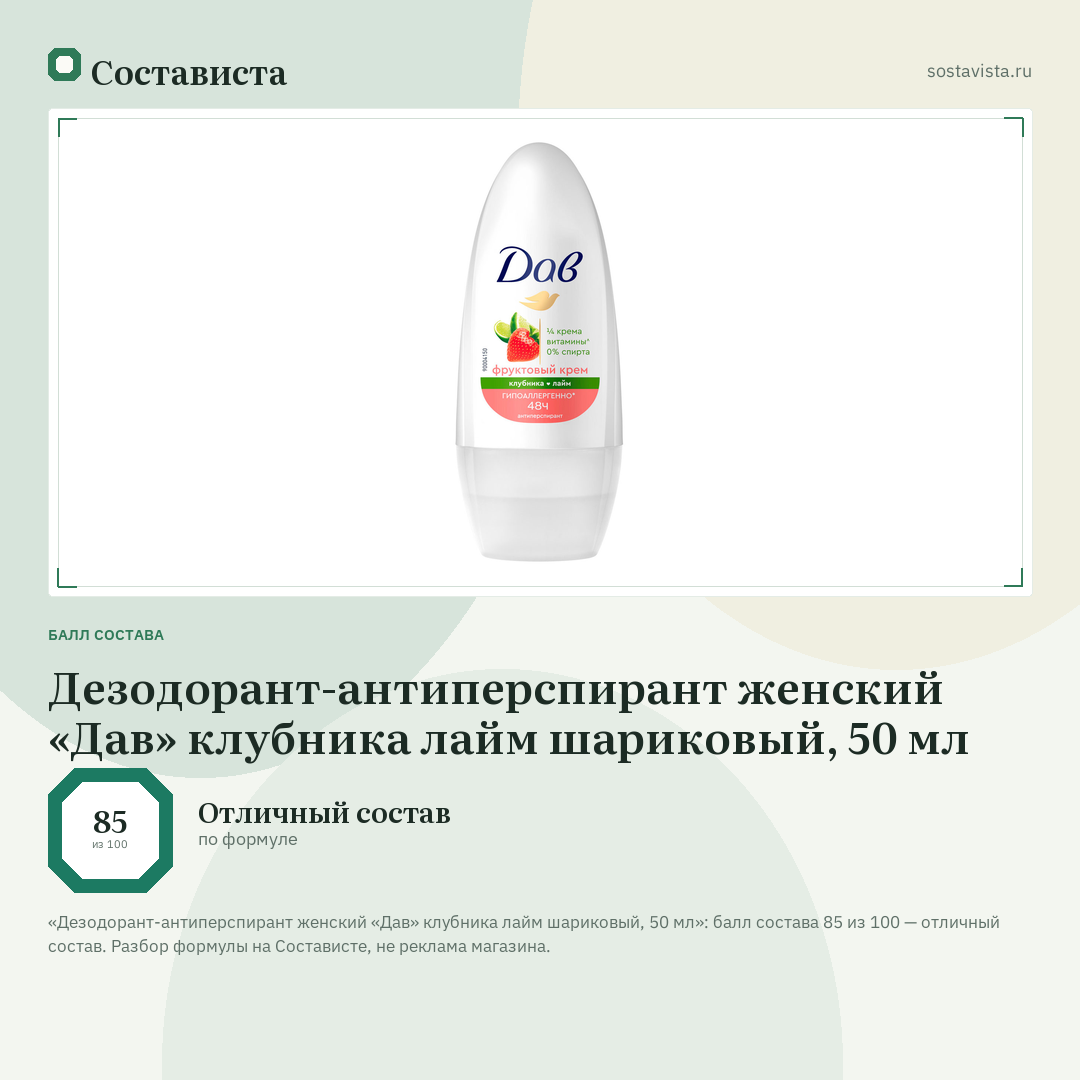 Дезодорант-антиперспирант женский «Дав» клубника лайм шариковый, 50 мл: балл состава 85 из 100 — Состависта