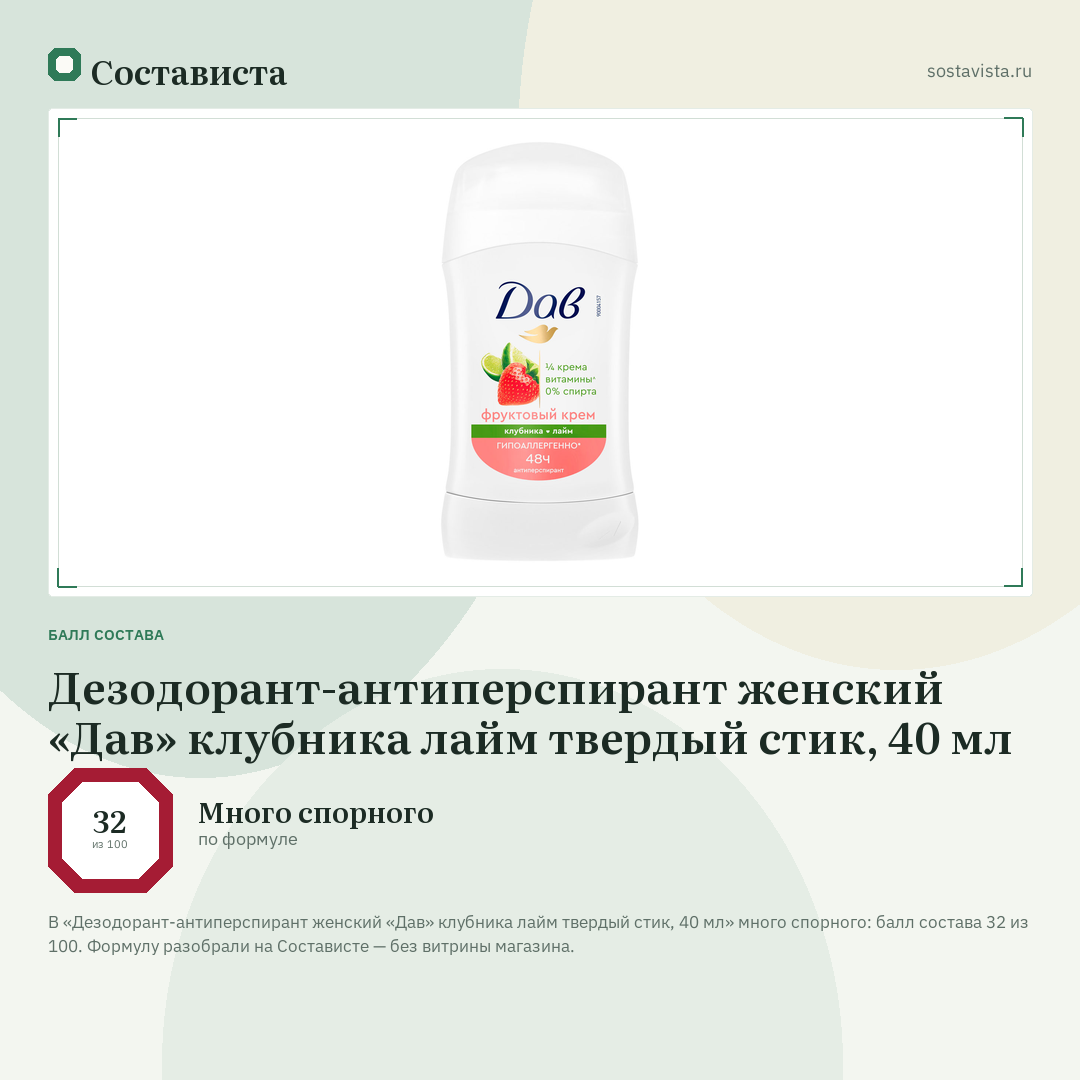 Дезодорант-антиперспирант женский «Дав» клубника лайм твердый стик, 40 мл: балл состава 32 из 100 — Состависта
