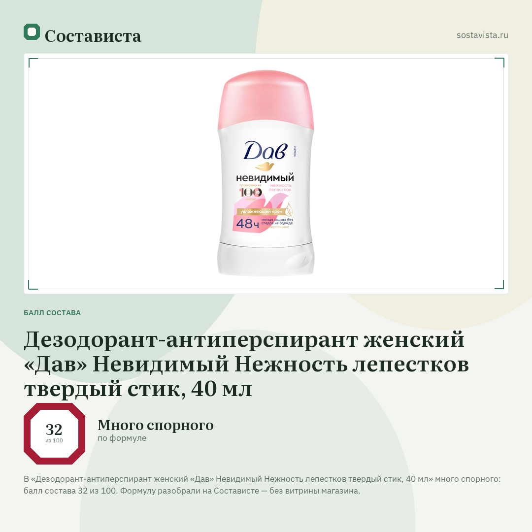 Дезодорант-антиперспирант женский «Дав» Невидимый Нежность лепестков твердый стик, 40 мл: балл состава 32 из 100 — Состависта