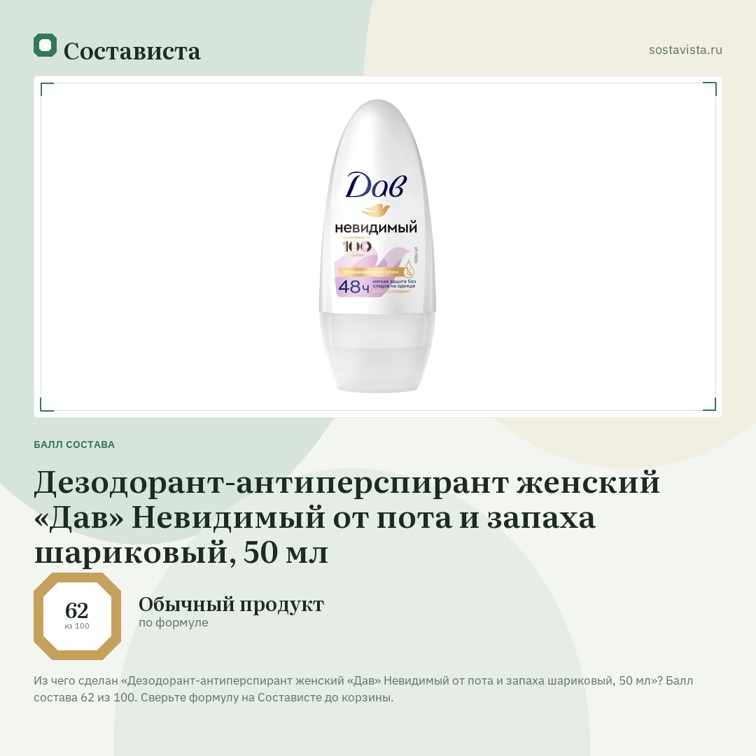 Дезодорант-антиперспирант женский «Дав» Невидимый от пота и запаха шариковый, 50 мл: балл состава 62 из 100 — Состависта