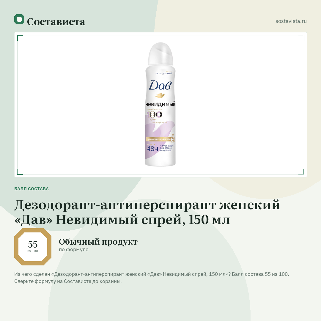 Дезодорант-антиперспирант женский «Дав» Невидимый спрей, 150 мл: балл состава 55 из 100 — Состависта
