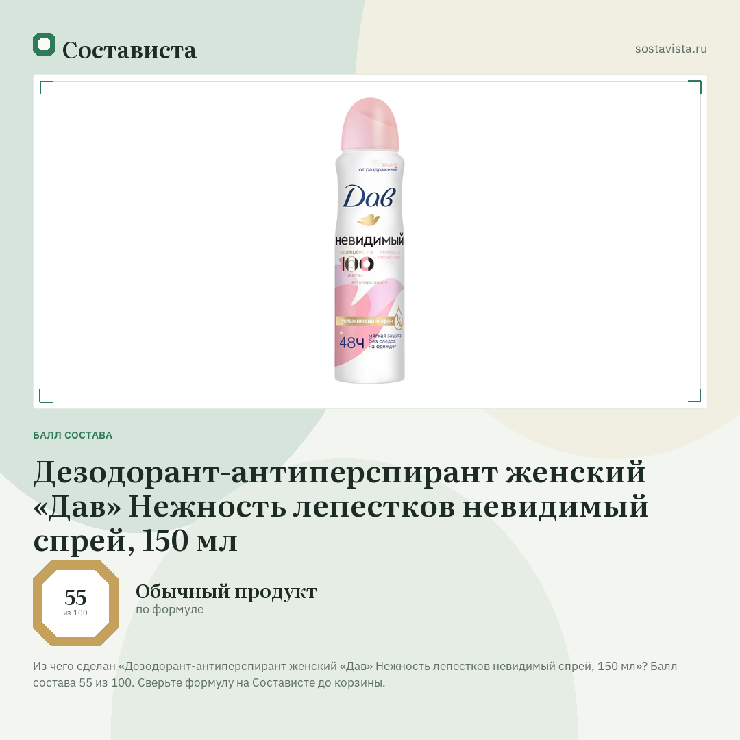 Дезодорант-антиперспирант женский «Дав» Нежность лепестков невидимый спрей, 150 мл: балл состава 55 из 100 — Состависта