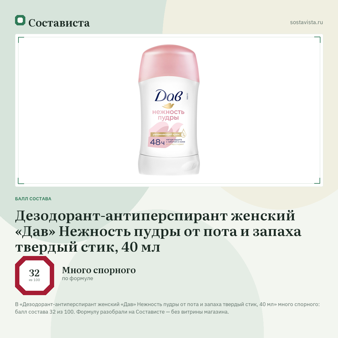 Дезодорант-антиперспирант женский «Дав» Нежность пудры от пота и запаха твердый стик, 40 мл: балл состава 32 из 100 — Состависта