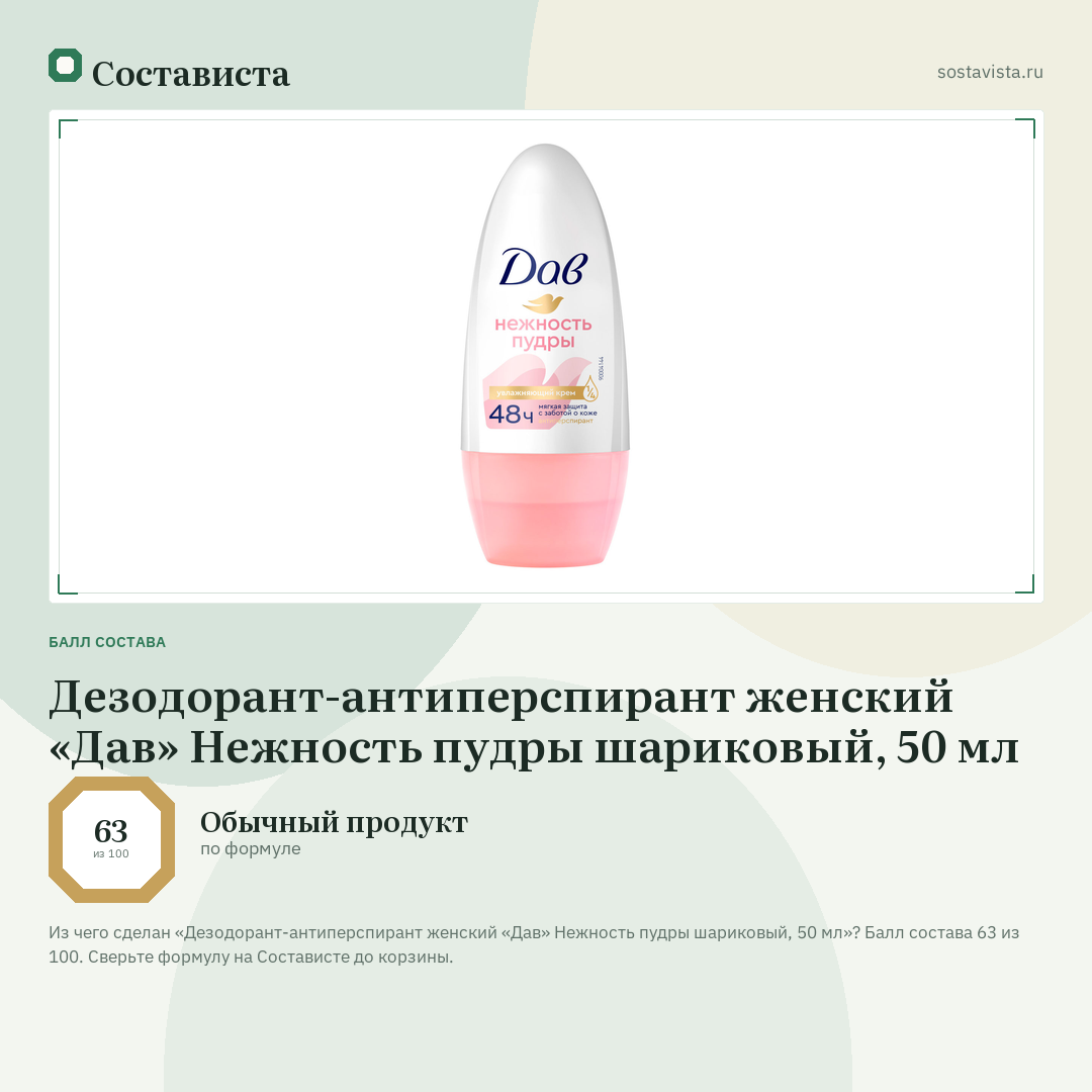 Дезодорант-антиперспирант женский «Дав» Нежность пудры шариковый, 50 мл: балл состава 63 из 100 — Состависта