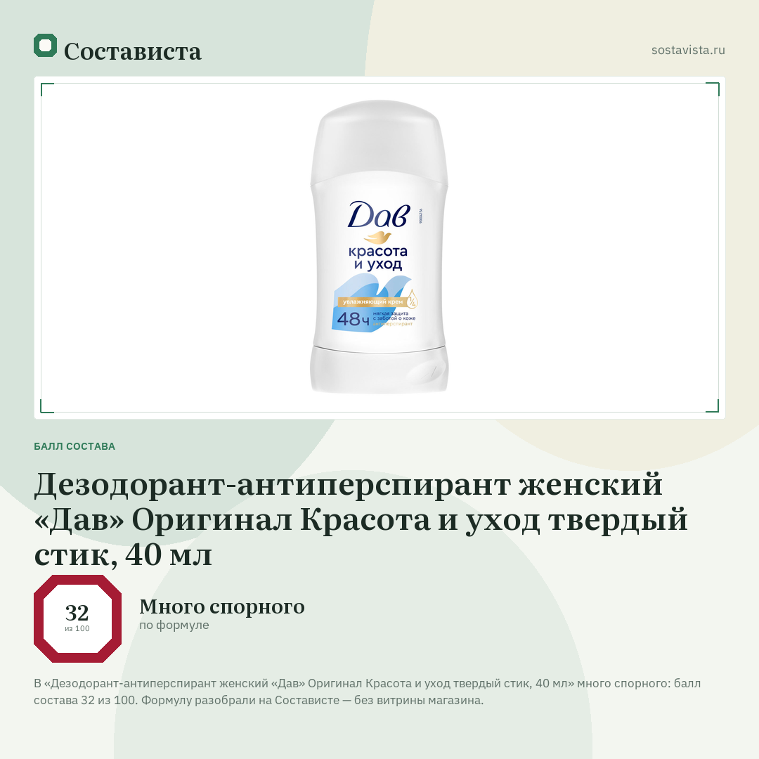 Дезодорант-антиперспирант женский «Дав» Оригинал Красота и уход твердый стик, 40 мл: балл состава 32 из 100 — Состависта