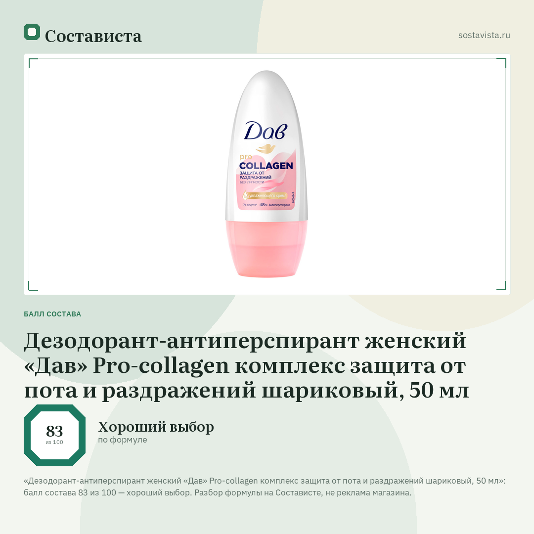 Дезодорант-антиперспирант женский «Дав» Pro-collagen комплекс защита от пота и раздражений шариковый, 50 мл: балл состава 83 из 100 — Состависта