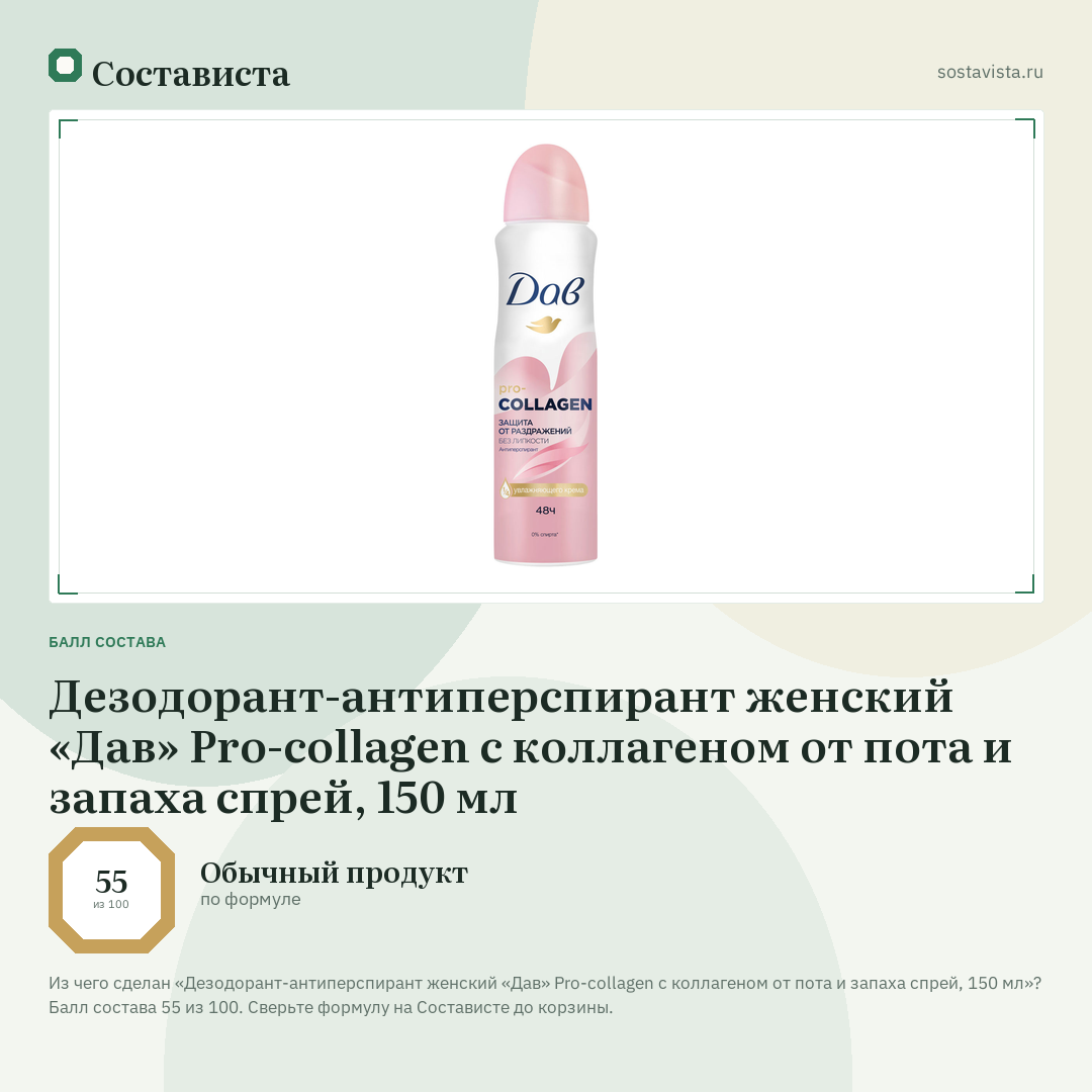 Дезодорант-антиперспирант женский «Дав» Pro-collagen с коллагеном от пота и запаха спрей, 150 мл: балл состава 55 из 100 — Состависта
