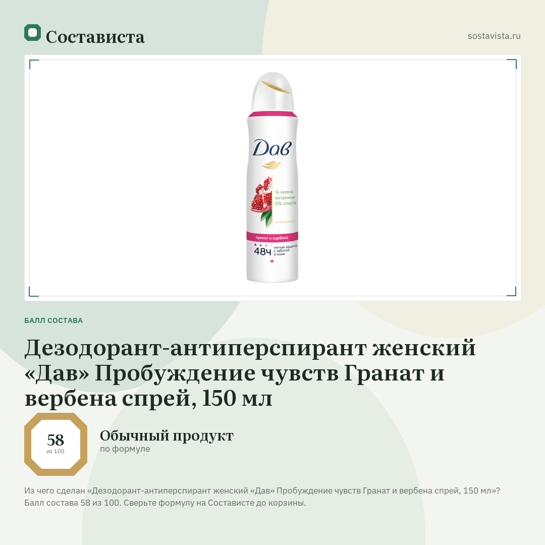 Дезодорант-антиперспирант женский «Дав» Пробуждение чувств Гранат и вербена спрей, 150 мл: балл состава 58 из 100 — Состависта