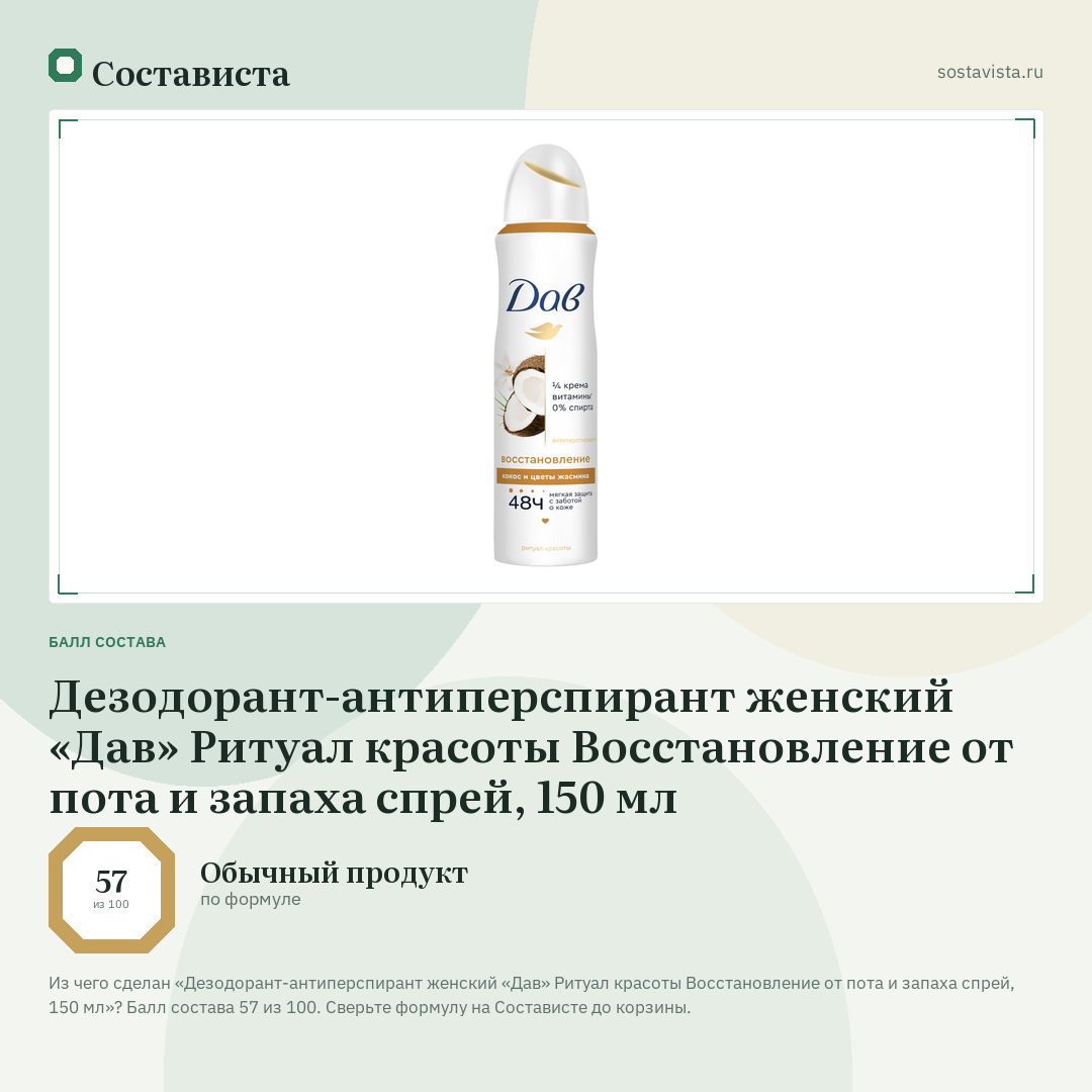 Дезодорант-антиперспирант женский «Дав» Ритуал красоты Восстановление от пота и запаха спрей, 150 мл: балл состава 57 из 100 — Состависта