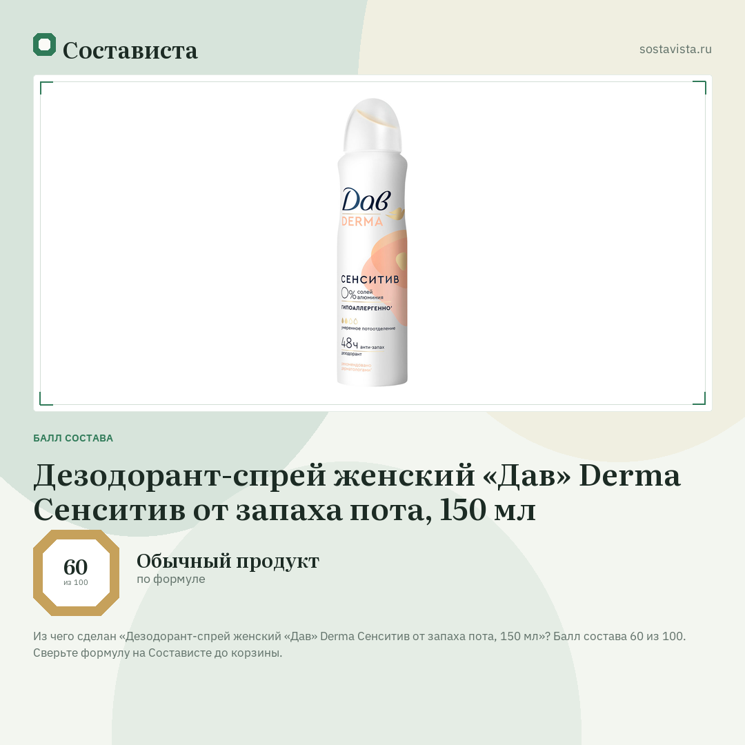 Дезодорант-спрей женский «Дав» Derma Сенситив от запаха пота, 150 мл: балл состава 60 из 100 — Состависта